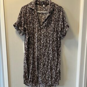 Calvin Klein Brown and White Short-Sleeve Tunic Shirt Dress